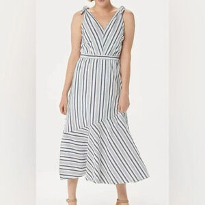Sam Edelman Blue White Silver Metallic Stripe Sleeveless Maxi Dress Size Large